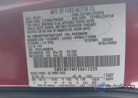 2002 Mercury Grand Marquis Ls из США, поврежденный, VIN 2MEFM75W72X611229